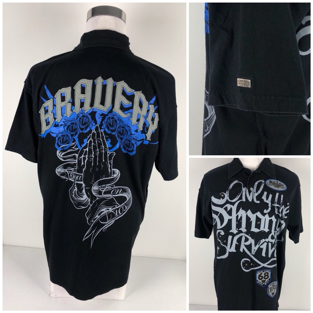 Blac Label Mens XL Polo Shirt Black Spell Out Bravery Only The Strong Survive